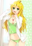  1girl blonde_hair breasts cleavage green_eyes highres hoshii_miki idolmaster jewelry long_hair navel necklace open_mouth solo yuzuyu_(hyui) 