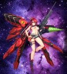  1girl :&lt; anti-materiel_rifle armor bikini_top breasts cleavage fingerless_gloves full_body gloves gun hand_on_hip high_ponytail highres katana large_breasts legs long_hair looking_at_viewer mecha_musume nebula official_art ponytail redhead revealing_clothes rifle scarf senteiou short_shorts shorts sniper_rifle solo space sword tengen_toppa_gurren_lagann thigh-highs thigh_strap under_boob weapon yoko_littner 