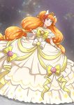  1girl amanogawa_kirara bare_shoulders bow brooch brown_hair choker cure_twinkle dress frills full_body go!_princess_precure hakushaku_reijo jewelry long_hair low-tied_long_hair magical_girl mode_elegant_(go!_princess_precure) multicolored_hair precure quad_tails redhead smile solo star strapless_dress streaked_hair twintails two-tone_hair violet_eyes white_bow white_dress yellow_bow 