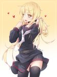  1girl blonde_hair blush fang highres kantai_collection long_hair open_mouth panties ripe.c satsuki_(kantai_collection) school_uniform serafuku smile solo thigh-highs twintails underwear yellow_eyes 