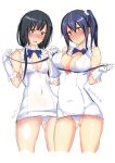  2girls black_hair blue_hair blue_ribbon blush breasts cleavage covered_navel dress gloves hestia_(danmachi) hestia_(danmachi)_(cosplay) imai_midori long_hair multiple_girls panties parted_lips rei_no_himo rib:y(uhki) ribbon shirobako side_ponytail simple_background small_breasts sweatdrop underwear white_background white_dress white_gloves white_panties yasuhara_ema 