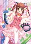  1girl animal_ears ayase bell breasts brown_eyes brown_hair cat_ears cat_tail dress eyebrows eyebrows_visible_through_hair fake_animal_ears highres idolmaster idolmaster_cinderella_girls lace lace-trimmed_thighhighs long_hair medium_breasts ogata_chieri paw_pose pink_ribbon ribbon solo tail thigh-highs white_background wrist_cuffs 
