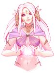  1girl artist_name au_ra breasts cleavage dragon_horns facial_mark final_fantasy final_fantasy_xiv forehead_mark heart heart_hands highres horns long_hair momo-deary navel signature solo upper_body violet_eyes white_hair 