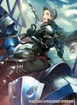  1boy armor blue_eyes blue_hair cape cyrus_(fire_emblem_if) fire_emblem fire_emblem_cipher fire_emblem_if gauntlets gloves horse lance open_mouth polearm sky solo weapon 
