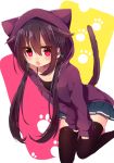  1girl :o animal_ears animal_hood black_legwear black_shirt blue_skirt blush cat_ears cat_hair_ornament cat_hood cat_tail collarbone fang glowing hair_between_eyes hair_ornament highres hood hoodie long_hair long_sleeves looking_at_viewer low_twintails okada-san one_leg_raised original paws pink_eyes pleated_skirt redhead shirt sidelocks simple_background skirt sleeveless sleeveless_shirt solo tail tank_top thigh-highs twintails very_long_hair x_hair_ornament zettai_ryouiki 