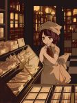  1girl apron bakery bell brown_eyes brown_hair cake certificate checkered checkered_floor city city_lights clipboard cupcake door dress fence food gradient_eyes hat indoors multicolored_eyes night original pen room sepia shop short_dress short_hair short_sleeves smile solo uwa wagashi window yellow_eyes 