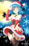  1girl :3 absurdres alternate_costume arm_warmers bare_shoulders bat_wings black_legwear breasts detached_sleeves fang garter_belt garter_straps hat highres navel_cutout off_shoulder one_eye_closed open_mouth reaching_out red_eyes remilia_scarlet santa_costume santa_hat short_hair solo thigh-highs touhou wings 