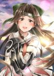  blouse brown_eyes brown_hair cannon detached_sleeves forehead_protector gloves hair_intakes happy_tears headband highres jintsuu_(kantai_collection) kamelie kantai_collection long_hair ocean open_mouth remodel_(kantai_collection) school_uniform serafuku skirt sky smile sunset tears turret water 
