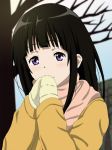 1girl black_hair chitanda_eru coat cp9a hyouka long_hair mittens official_style scarf violet_eyes winter_clothes 