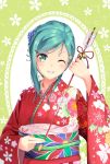  1girl ;) arrow artist_request bell green_eyes green_hair highres japanese_clothes kantai_collection kimono obi one_eye_closed sash smile solo suzuya_(kantai_collection) 