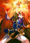  1boy :o armor blue_eyes cape explosion fire fire_emblem fire_emblem:_fuuin_no_tsurugi headband holding_sword holding_weapon male_focus noki_(affabile) open_mouth raised_hand redhead roy_(fire_emblem) solo super_smash_bros. sword teeth weapon 