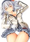  1girl absurdres beret blush breasts buttons epaulettes frilled_sleeves frills gloves grey_eyes grey_hair hat highres jacket kantai_collection kashima_(kantai_collection) large_breasts looking_at_viewer lying military military_uniform miniskirt on_back panties shizuka_(deatennsi) sidelocks skirt smile solo twintails unbuttoned underwear uniform wavy_hair white_gloves white_panties 