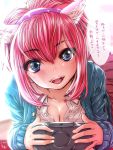  animal_ears blue_eyes breasts cat_ears cleavage dated fangs hairband handheld_game_console looking_at_viewer open_mouth original pink_hair school_uniform smile souryu translation_request tsurime unbuttoned 
