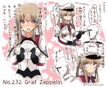  1boy 1girl :t admiral_(kantai_collection) alternate_eye_color black_gloves blonde_hair blush breasts capelet character_name closed_eyes commentary_request cross cup faceless faceless_male gloves graf_zeppelin_(kantai_collection) hair_between_eyes hat hat_removed headwear_removed holding holding_hat jacket kantai_collection large_breasts lavender_eyes long_hair looking_at_viewer military military_uniform mug necktie number open_mouth peaked_cap pout sidelocks suzuki_toto sweatdrop translation_request tray tsurime twintails twitter_username uniform upper_body 