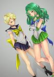  2girls aqua_eyes aqua_hair bishoujo_senshi_sailor_moon blonde_hair blue_eyes bow choker collarbone crossed_arms gloves high_heels highres kaiou_michiru lipstick long_hair looking_at_viewer makeup multiple_girls navel novel sailor_neptune sailor_uranus short_hair smile_(qd4nsvik) super_sailor_neptune super_sailor_uranus ten&#039;ou_haruka 