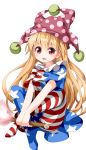  1girl american_flag american_flag_legwear american_flag_shirt blonde_hair clownpiece frilled_collar hat jester_cap leggings long_hair looking_at_viewer open_mouth pantyhose polka_dot red_eyes ruu_(tksymkw) shirt short_sleeves simple_background smile solo star striped touhou white_background 