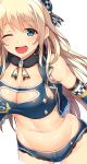  1girl :d adapted_costume atago_(kantai_collection) bangs blonde_hair blush breasts checkered cleavage cleavage_cutout crop_top cropped_jacket diamond_(shape) eyebrows eyebrows_visible_through_hair fur_trim hair_ornament horosuke_(toot08) kantai_collection lace_trim midriff navel one_eye_closed open_mouth racequeen short_shorts shorts simple_background smile solo upper_body white_background 