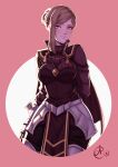  1girl arm_behind_back armor benoit_picard bodice breasts brown_hair cowboy_shot fire_emblem fire_emblem:_three_houses highres ladislava_(fire_emblem) looking_at_viewer medium_breasts medium_hair pink_eyes smile 