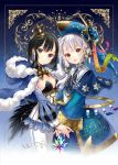  2girls :d albino bangs black_hair blue_background blue_eyes border bowtie breasts capelet cleavage constellation cowboy_shot crescent crown crystal d: detached_sleeves dress feathers gradient gradient_background hair_ornament hanekoto hat head_tilt heart highres hood_down hooded_cloak jewelry lock long_hair long_sleeves looking_at_viewer multiple_girls open_mouth original padlock paint paint_tube pendant puffy_sleeves red_eyes smile star star_(sky) starry_sky_print sun_(symbol) symmetrical_pose white_hair wide_sleeves 