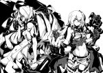  2girls breasts deel_(rkeg) destroyer_water_oni highres kantai_collection long_hair machinery monochrome multiple_girls navel one_side_up shinkaisei-kan sideboob submarine_hime turret 