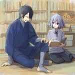  2boys black_hair book bookshelf closed_eyes honebami_toushirou japanese_clothes male_focus mikazuki_munechika multiple_boys nomuo_(shiromi) open_book open_mouth sitting smile touken_ranbu violet_eyes white_hair 