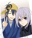  2boys ^_^ bandana black_hair closed_eyes honebami_toushirou japanese_clothes male_focus mikazuki_munechika multiple_boys nomuo_(shiromi) open_mouth smile touken_ranbu upper_body v violet_eyes white_hair 