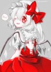  1girl back bat_wings bow flandre_scarlet frills grey_background kyouda_suzuka looking_back one_eye_closed open_mouth partially_colored red_eyes ribbon short_hair side_ponytail simple_background smile solo touhou twitter_username wings 