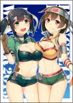  2girls adapted_costume asymmetrical_docking bare_shoulders black_hair blue_hair blush breast_press breasts brown_eyes brown_gloves brown_hair cleavage gloves green_eyes hair_ornament hair_ribbon hairband hand_on_another&#039;s_hip headband hiryuu_(kantai_collection) horosuke_(toot08) kantai_collection large_breasts long_hair looking_at_viewer midriff multiple_girls navel one_side_up open_mouth puffy_short_sleeves puffy_sleeves racequeen remodel_(kantai_collection) ribbon short_hair short_shorts short_sleeves shorts side_ponytail smile souryuu_(kantai_collection) thighs twintails 