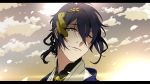  1672 1boy black_hair blue_eyes clouds cloudy_sky letterboxed male_focus mikazuki_munechika petals sky smile touken_ranbu upper_body 