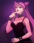  1girl artist_name bangs bishoujo_senshi_sailor_moon black_lady chibi_usa dated double_bun earrings facial_mark forehead_mark jewelry lipstick long_hair makeup older parted_bangs parted_lips purple red_lipstick siann solo twintails 