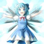  1girl ao-shiba blue_eyes blue_hair bow cirno hair_bow ice ice_wings open_mouth outstretched_arms short_hair solo touhou wings 