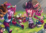  1boy 2girls alternate_hair_color bell bomb brown_eyes corki dragon egg goggles goggles_on_head grass hat hatching highres jingle_bell kennen kurokitsune_(float0108) league_of_legends lulu_(league_of_legends) multiple_girls mushroom navel open_mouth outdoors pink_hair poppy purple_skin shuriken tagme tristana veigar witch_hat yellow_eyes yordle ziggs 