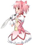  1girl bubble_skirt choker dress gloves hair_ribbon kaname_madoka kukri looking_at_viewer machete magical_girl mahou_shoujo_madoka_magica neck_ribbon open_mouth pink_eyes pink_hair puffy_short_sleeves puffy_sleeves ribbon short_sleeves short_twintails skirt smile solo twintails weapon white_gloves youkan 