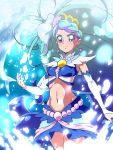  1girl blue blue_background blue_eyes blue_hair blue_shirt blue_skirt blush cure_mermaid detached_sleeves earrings eyelashes go!_princess_precure hair_ornament highlights jewelry kaidou_minami long_hair looking_at_viewer magical_girl midriff multicolored_hair navel ponytail precure purple_hair seashell seashell_earrings serious shell shirt skirt solo standing streaked_hair tj-type1 two-tone_hair very_long_hair wrist_cuffs 