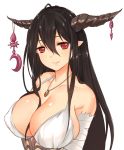  1girl bandages bare_shoulders black_hair breasts cleavage collarbone danua granblue_fantasy highres horn_ornament horns jewelry large_breasts long_hair necklace pendant pointy_ears red_eyes smile solo upper_body x&amp;x&amp;x 
