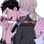  2boys black_hair blonde_hair blue_eyes formal jojo_no_kimyou_na_bouken kawajiri_kousaku kira_yoshikage male_focus multiple_boys necktie spiky_hair strangling suit sweat u_(lastcrime) 