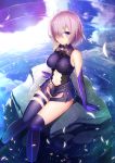  1girl anklet armor bare_shoulders benitsuki_tsubasa black_gloves blush breasts elbow_gloves fate/grand_order fate_(series) gloves groin hair_over_one_eye highres jewelry large_breasts legs looking_at_viewer navel navel_cutout over-kneehighs petals pink_hair purple_skirt rock shielder_(fate/grand_order) short_hair sitting skirt soaking_feet solo stomach thigh-highs violet_eyes water 