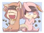  2boys :3 :d animal_costume animal_ears arms_up bangs black_eyes black_hair blunt_bangs brothers bunny_costume chibi closed_eyes collar dog_collar dog_costume dog_ears dog_tail full_body fur hand_to_own_mouth happy heart heart_in_mouth hood jyushimatsu korokorone310 looking_at_viewer male_focus multiple_boys one_eye_closed open_mouth osomatsu-kun osomatsu-san paw_print rabbit_ears siblings sitting smile tail teeth todomatsu 