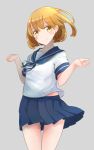  1girl bandaid bandaid_on_face bandaid_on_leg blush brown_hair clenched_hands comah grey_background kantai_collection looking_at_viewer oboro_(kantai_collection) pleated_skirt school_uniform serafuku short_hair simple_background skirt smile solo thighs wind yellow_eyes 