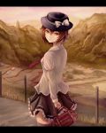  (s.k) 1girl armlet artist_name bag black_legwear black_skirt bow brown_eyes brown_hair building bush clouds cowboy_shot fedora fence frills grass hair_between_eyes handbag hat hat_bow highres house light_smile long_sleeves looking_at_viewer necktie outdoors pink_sky plant red_necktie red_ribbon ribbon ribbon-trimmed_skirt shirt short_hair signature skirt solo standing terrace thigh-highs touhou usami_renko valley village white_bow white_shirt zettai_ryouiki 