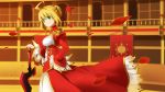  1girl aestus_estus ahoge blonde_hair breasts fate/extra fate_(series) green_eyes hair_ribbon hand_on_hilt hand_on_hip highres looking_at_viewer petals ribbon saber_extra smile solo sword weapon wind yakitori_(oni) 