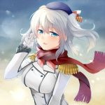  1girl aqua_eyes breasts gloves hat kantai_collection kashima_(kantai_collection) large_breasts long_hair looking_at_viewer military military_uniform open_mouth ray83222 scarf silver_hair solo twintails uniform 