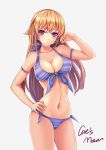  1girl arm_up armlet artist_name bikini blonde_hair blush breasts cleavage collarbone frown grey_background hand_on_hip highres long_hair midriff nakiri_erina navel purple_bikini shokugeki_no_souma side-tie_bikini simple_background skindentation solo standing stomach striped striped_swimsuit swimsuit very_long_hair violet_eyes youxuemingdie 