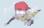  1boy backwards_hat baseball_cap baseball_uniform blue_background brown_hair hat jyushimatsu male_focus nanika_(nnkgh) osomatsu-kun osomatsu-san partially_submerged simple_background smile solo sportswear swimming wall-eyed water yellow_eyes 