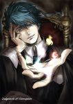  akutoku_no_judgement_(vocaloid) blue_eyes blue_fire blue_hair fire green_fire kaito leaning_to_the_side pale_skin red_fire rimo. seven_deadly_sins smile throne vocaloid 