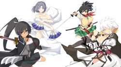  asuka_(senran_kagura) bare_shoulders black_gloves black_hair blue_eyes breasts brown_eyes brown_gloves cleavage dual_wielding fan fingerless_gloves folding_fan gloves grey_hair hair_ribbon homura_(senran_kagura) jacket japanese_clothes katana kimono kyuchan large_breasts long_hair miyabi_(senran_kagura) official_style one_eye_closed plaid plaid_skirt ribbon scarf school_uniform senran_kagura_(series) senran_kagura_shinovi_versus short_hair skirt sword tan vest wakizashi weapon white_hair yellow_eyes yumi_(senran_kagura) 