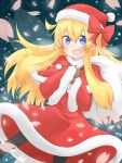  1girl alternate_costume bag black_legwear blue_eyes bow capelet fairy fairy_wings hat hat_bow lily_white long_hair long_sleeves nobamo_pieruda open_mouth pantyhose petals santa_costume santa_hat smile solo touhou very_long_hair wide_sleeves wings 