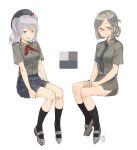  2girls artist_name black_legwear breasts brown_hair collared_shirt dated folded_ponytail glasses green_eyes grey_eyes hat kantai_collection kashima_(kantai_collection) katori_(kantai_collection) kawashina_(momen_silicon) kerchief kneehighs looking_at_viewer miniskirt multiple_girls necktie no_gloves no_jacket pencil_skirt pleated_skirt shirt shirt_tucked_in side_slit silver_hair sitting skirt smile twintails wavy_hair white_background 