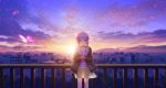  1girl artist_name backlighting blush building butterfly city cityscape clouds hands_together hooded_jacket lens_flare long_hair looking_at_viewer low_twintails purple_hair railing scenery see-through signature skirt sky smile solo sun sunrise technoheart tree twintails violet_eyes vocaloid voiceroid yuzuki_yukari 