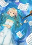  1girl blonde_hair blue_hair dress from_above highres instrument kiyoui_tsubaki long_hair miyazono_kawori shigatsu_wa_kimi_no_uso solo violin water white_dress 